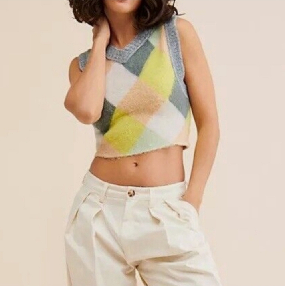 FREE PEOPLE Argyle Wool Quinn Sweater Vest Sz Medium Gray Yellow Tan